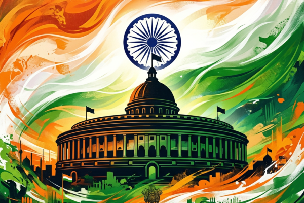 Indian Parliament building silhouette with Indian flag colors and Ashoka Chakra