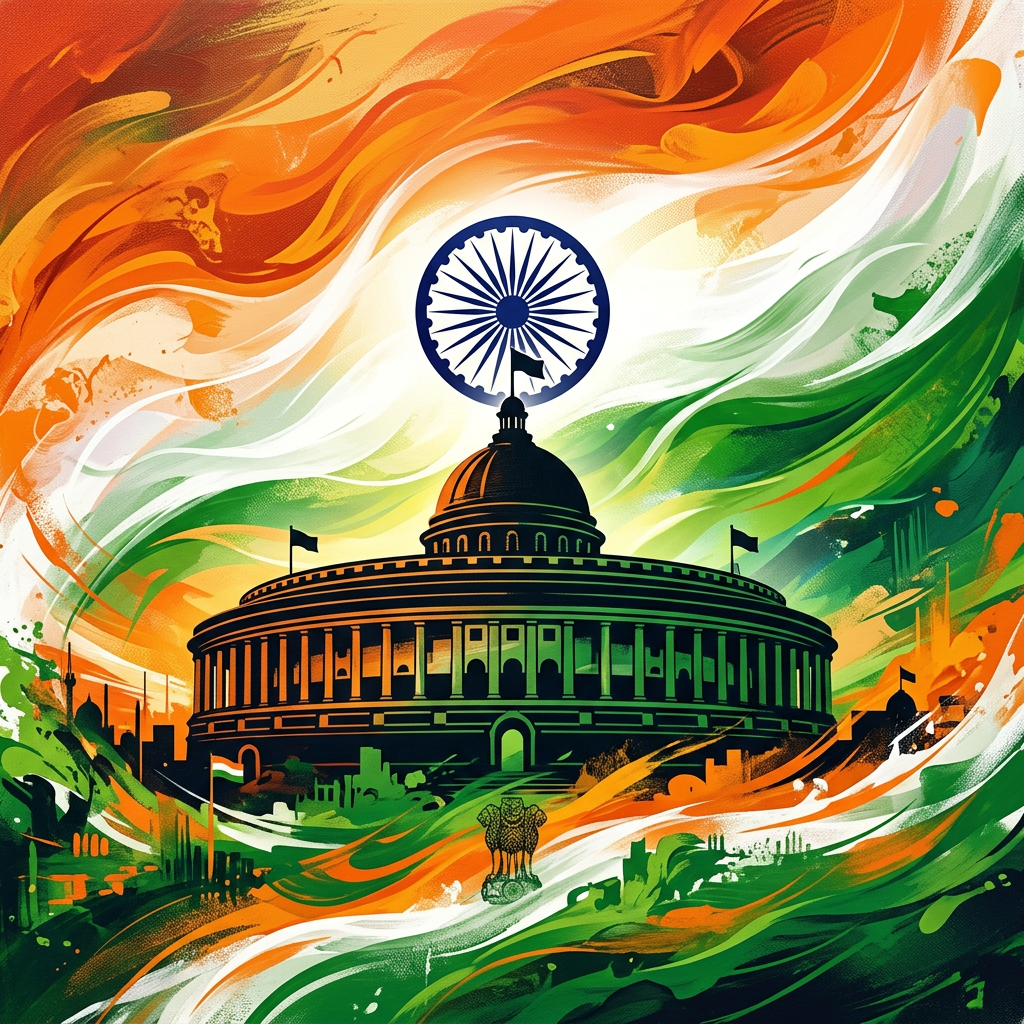 Indian Parliament building silhouette with Indian flag colors and Ashoka Chakra